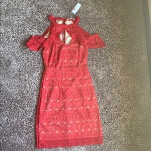 Red lace dress with open shoulder sleeves